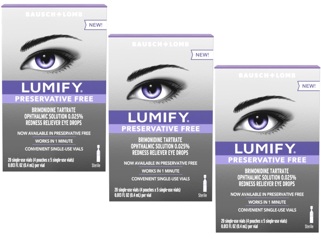 LUMIFY Redness Reliever Preservative Free Eye Drops, 20 Single Use Vials (Pack of 3)