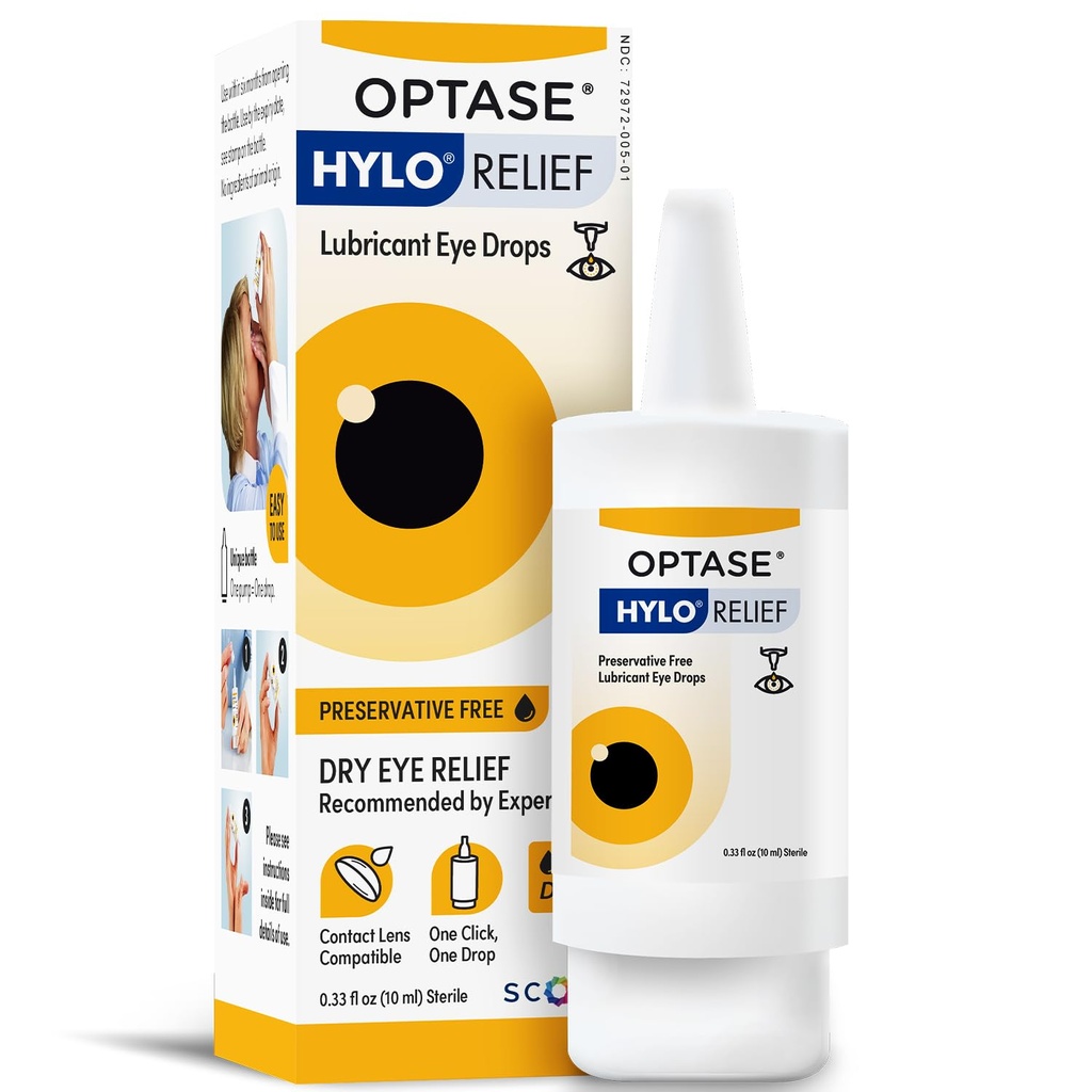 Optase® HYLO Relief Dry Eye Drops, 0.33 fl oz (10ml), 300 Doses - Preservative Free Eye Drops for Dry Eyes - Gentle Lubricant Multi-Dose Solution - Contact Lens Compatible for Daily Comfort