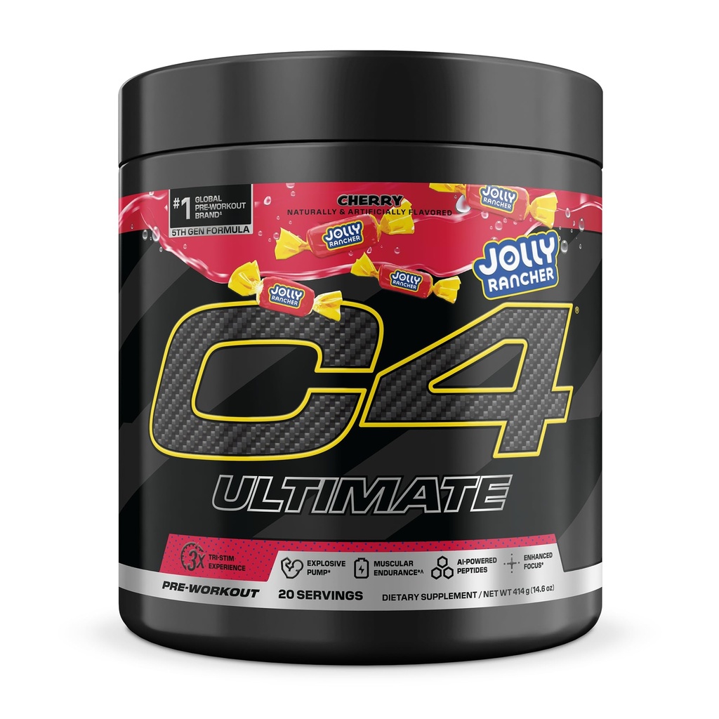 Cellucor C4 Ultimate Pre Workout Powder - Sugar Free Preworkout Energy Supplement for Men & Women - 300mg Caffeine + TeaCrine + Dynamine + Creatine - Jolly Rancher Cherry, 20 Servings