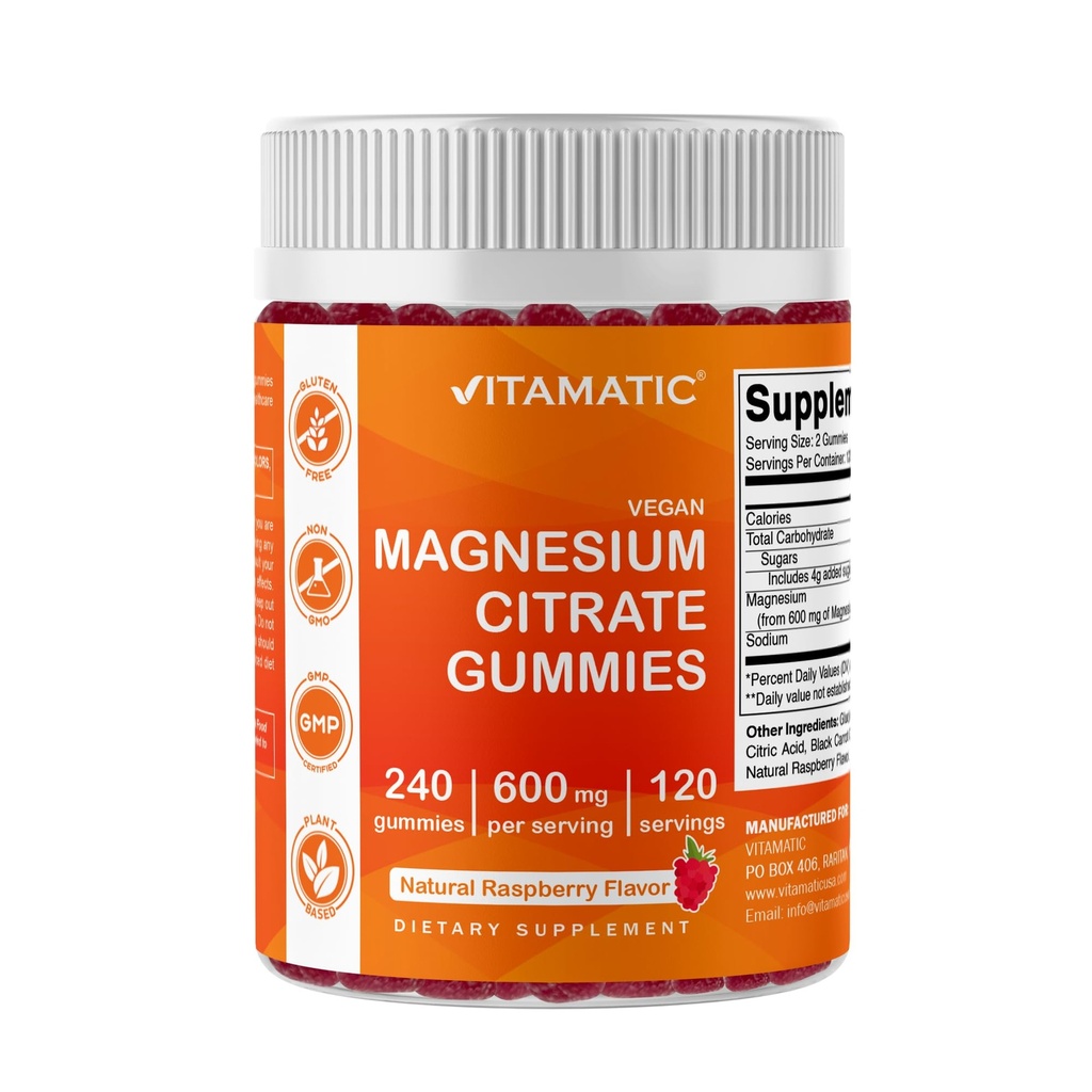 Vitamatic Magnesium Citrate Gummies 600mg per Serving - 240 Vegan Gummies - Φυσικό άρωμα σμέουρων - Συμπλήρωμα μαγνησίου υψηλής απορρόφησης - Υποστηρίζει τα νεύρα, τα οστά και την υγεία των μυών
