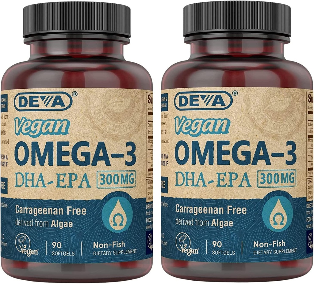 DEVA Vegan DHA-EPA Συμπλήρωμα διατροφής, μη-ψάρια που προέρχονται από την άλγη, 300 mg δραστικότητας, 90 χορτοφαγικά Softgels - Συσκευασία των 2