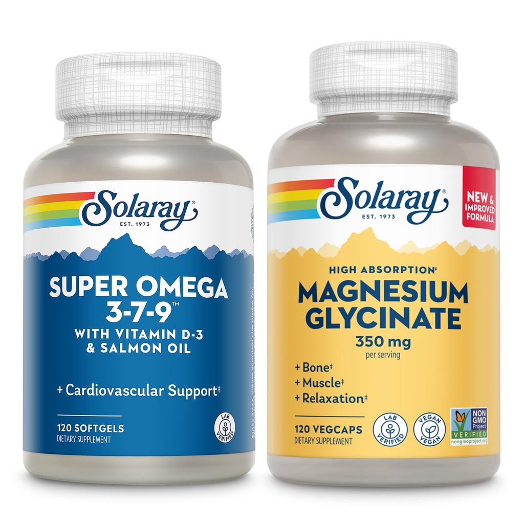 SOLARAY Super Omega 3, 7, 9 και Μαγνήσιο Glycinate Bundle - Απαραίτητα Λιπαρά Οξέα και Χηλικό Μαγνήσιο Gisglycinate για υγιή καρδιά, οστά και υποστήριξη χαλάρωσης - 120 Softgels, 275 VegCaps