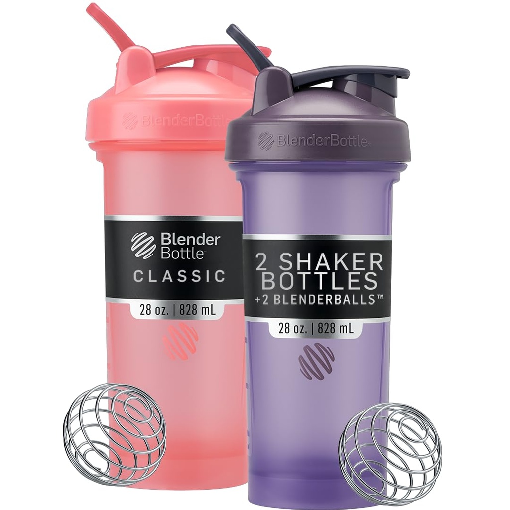 BlenderBottle Classic V2 Shaker Bottle Perfect for Protein Shakes and Pre Workout, 28-Ounce (2 Pack), Pink and Purple