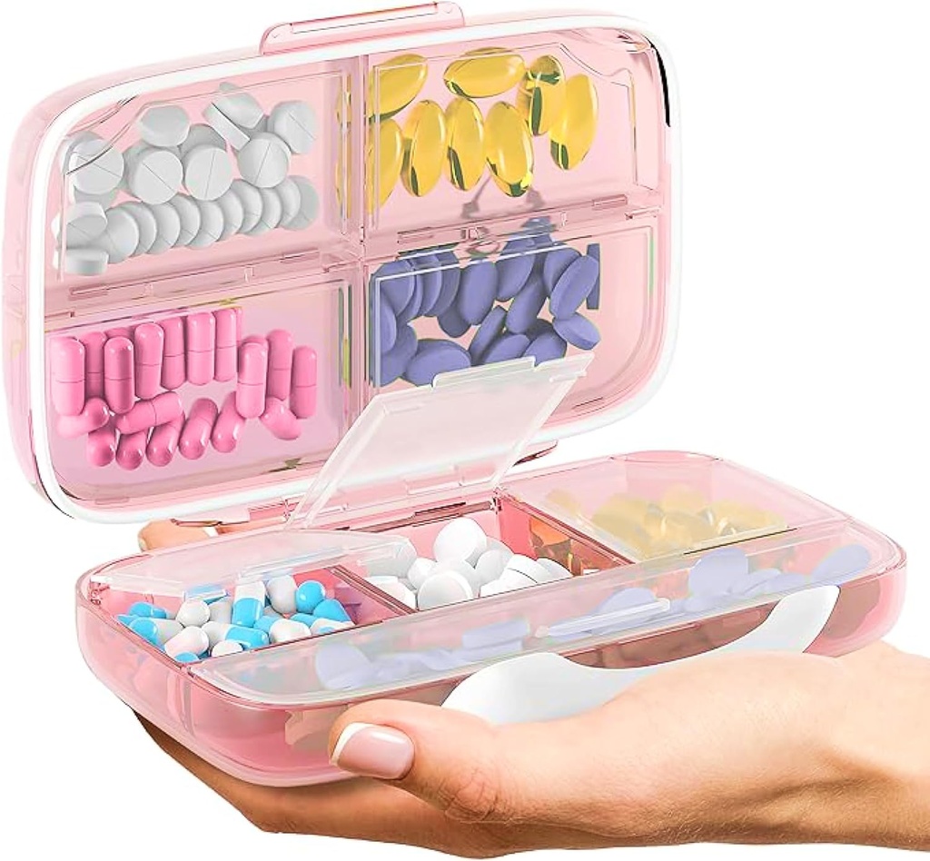 Travel Pill Organizer - Airtight Ιατρική περίπτωση για τα ταξίδια Φορητό κουτί φαρμακείο με ετικέτες Βιταμίνη εμπορευματοκιβώτιο 8 συμπλήρωμα διαμέρισμα Κάτοχος φαρμακευτικής αγωγής Μεγάλη χωρητικότητα καθημερινά (Pink)