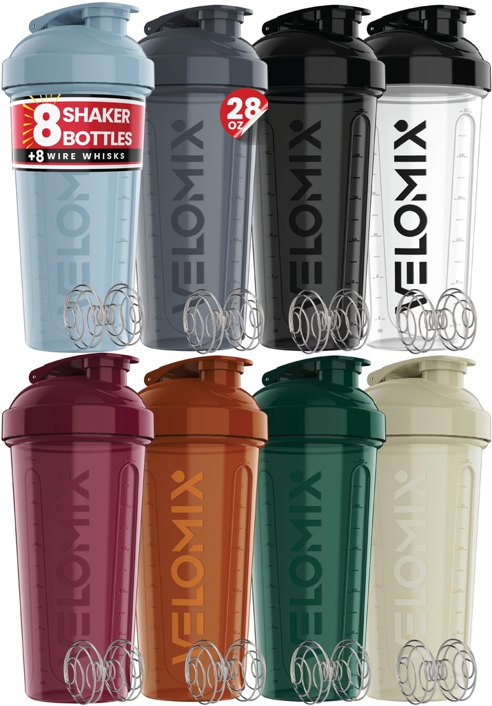 VELOMIX -8 PACK- 28 oz Protein Shaker Bottle for Protein Mixes - 8x Wire Whisk | Leak Proof Shaker Cups for Protein Shakes | Stackable Protein Shaker Bottle Pack | Dishwasher Safe