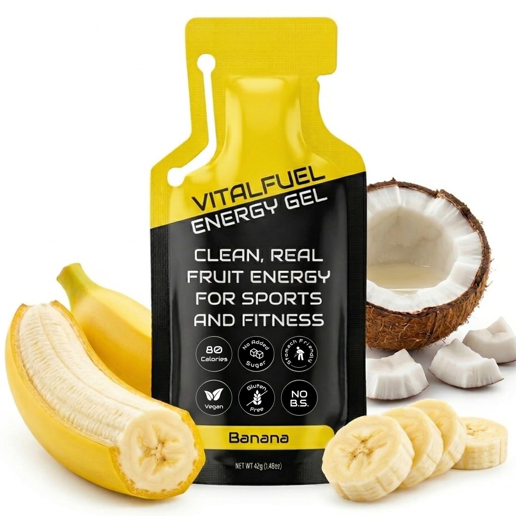 Real Banana Stomach Friendly Energy Gel for Runners, Cycling and Exercise - 12 Energy Gel Packs, 20 g Real-Fruit Carbs & Potassium, 80 Calories, Vegan, Gluten Free, No Sugar or Caffeine Endurance Fuel