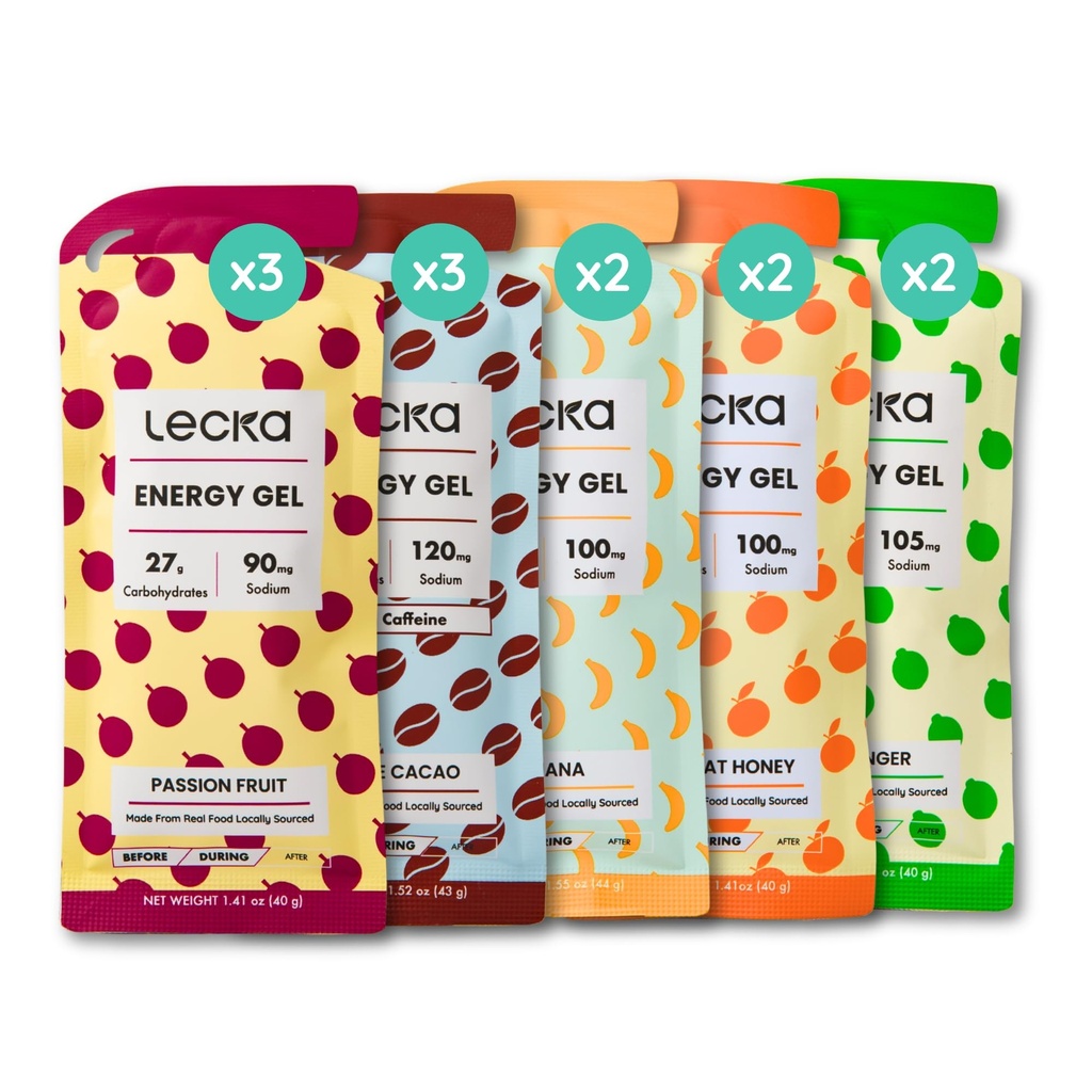 Lecka Energy Gel Variety Pack - 22-27g Carbs - Real Fruit, No Maltodextrin, Vegan, Gluten-Free - Running and Triathlon Fuel (12 Pack)