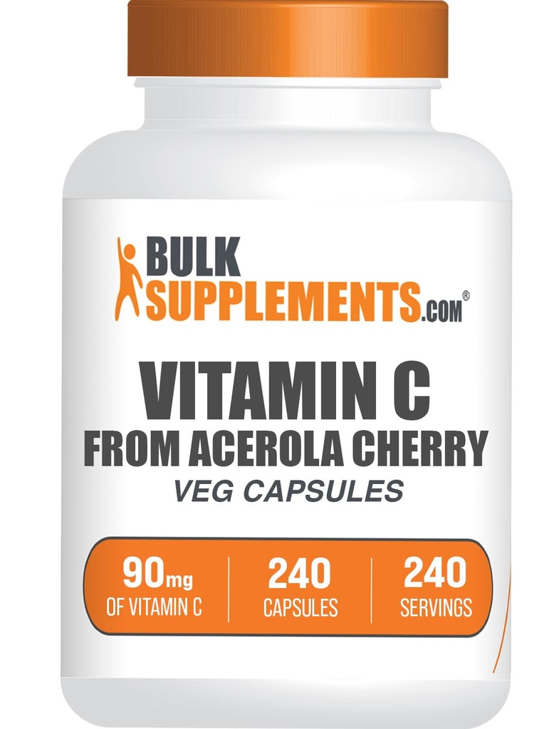 BulkSupplements.com Vitamin C from Acerola Cherry Capsules - Acerola Cherry Vitamin C Supplement - Gluten Free, 1 Capsule per Serving, 240 Veg Capsules (Pack of 1)