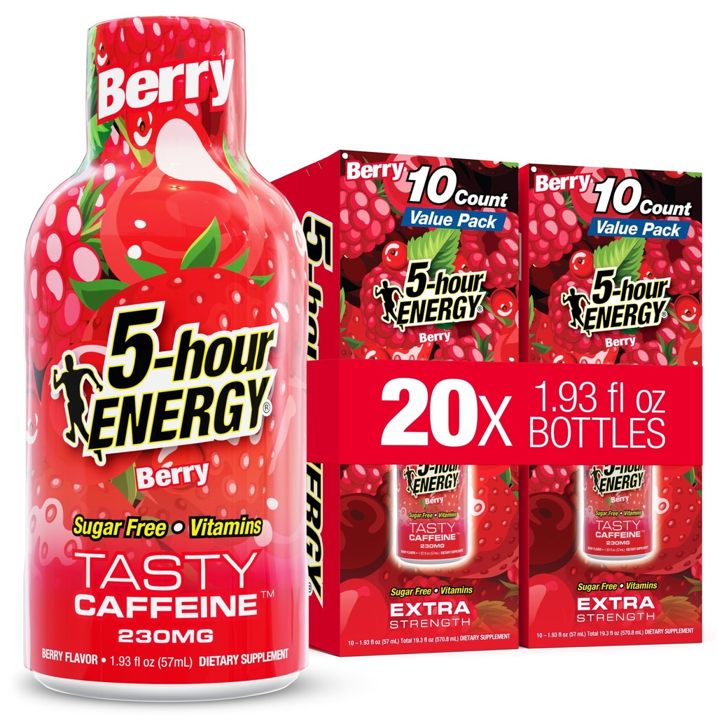 5-hour ENERGY BERRY Flavor, 20 Count, 1.93 Fl Oz Energy Shot, Extra Strength, Amino Acids, B Vitamins, Sugar Free and Zero Calories