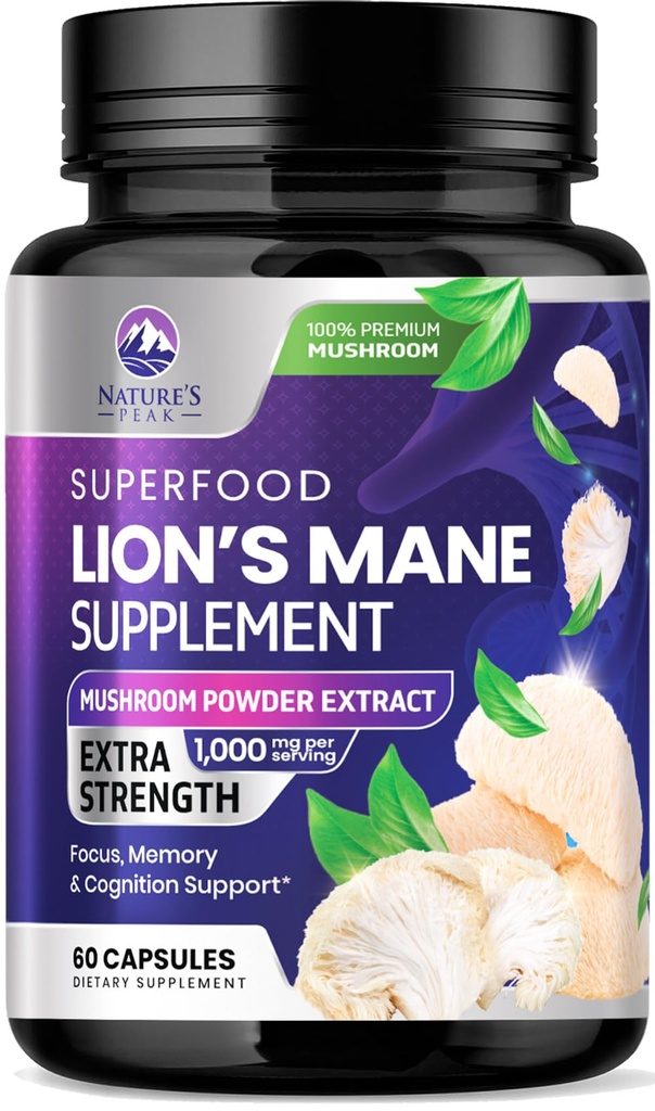 Lions Mane Mushroom Κάψουλες 10.000mg - Lion’s Mane Συμπληρώματα Κάψουλες για την υποστήριξη μνήμης και εστίασης, εγκέφαλος, ανοσοποιητική υποστήριξη υγείας, Vegan, Εμφιαλωμένο στις ΗΠΑ, Lions Mane Mushroom Powder Extract, 60 Count