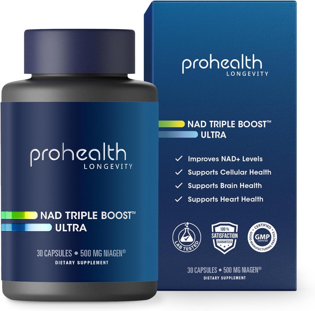 ProHealth NAD Triple Boost Ultra + 500mg Niagen NR. 3X NAD+ Optimizer Plus Apigenin, PQQ, Quercetin. Προωθεί τη μακροζωία, την καρδιά και την υγεία του εγκεφάλου, ενεργοποιεί Sirtuins για την επισκευή κυττάρων (30 εξυπηρετήσεις)