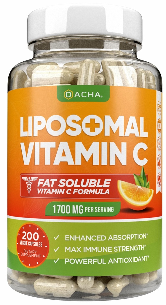 DACHA Φυσική Λιποσωμική Βιταμίνη C - 1700mg, 200 κάψουλες, ανοσοποιητικό σύστημα & αναμνηστικό κολλαγόνου, λιπώδης απορρόφηση Διαλυτή VIT C, Διαλυτή, Δερματικές Βιταμίνες, Vegeterian, Vegan