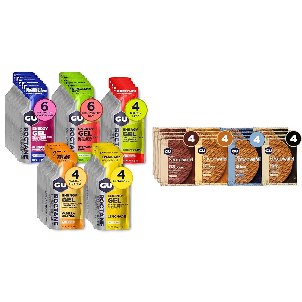 GU Energy Gel and Stroopwafel Sports Nutrition Variety Bundle, 24 Roctane Ultra Endurance Packs and 16 Stroopwafel Wafles