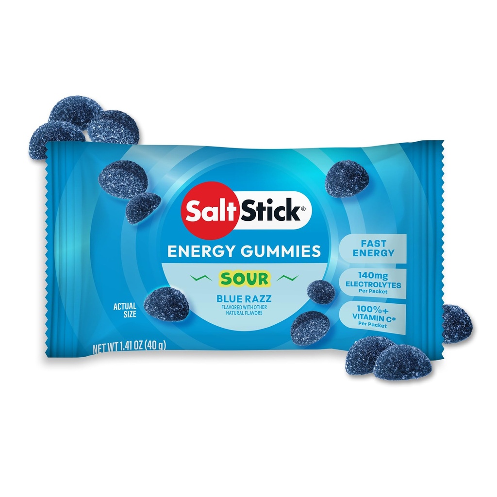 SaltStick Energy Gummies with Electrolytes, Sour Blue Razz, Easy to Chew Electrolyte Gummy, Energy Chews that Taste Great, Caffeine Free - 10 Packs, 80 Gummies