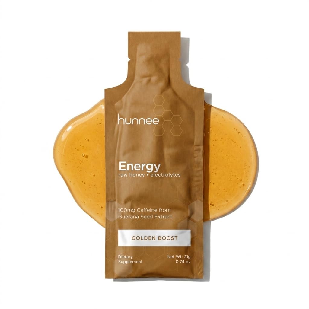 Hunnee Energy | Organic Honey Energy Gel with 100mg Natural Caffeine from Guarana | Raw Honey Electrolytes Supplement | No Crash, No Artificial Sweeteners | Gluten-Free, Non-GMO | 21g 14 Sachets