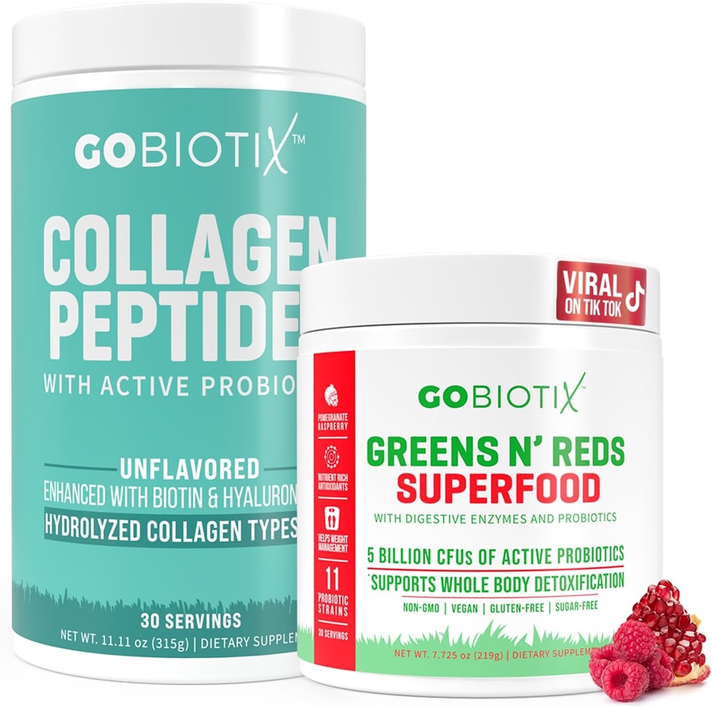 GOBIOTIX Super Greens & Collagen Bundle - Vitality Boost with Organic Spirulina & Hair-Skin-Nails Support - 30 εξυπηρετεί το καθένα
