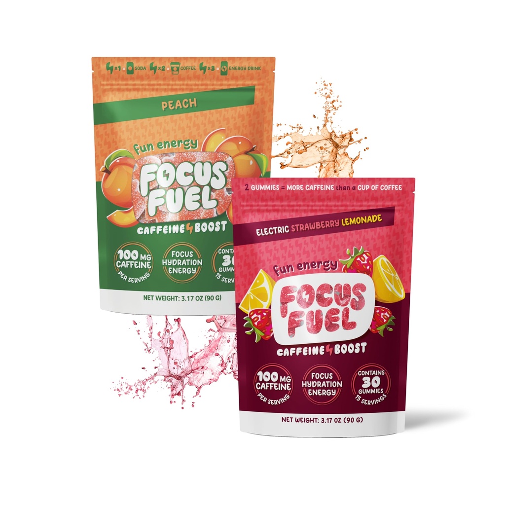 FocusFuel Energy Chews Variety Pack – Strawberry Lemonade & Peach Flavors (2-Pack, 30 Servings Total) – 100mg Natural Caffeine + Nootropics – Clean Energy, No Crash or Jitters