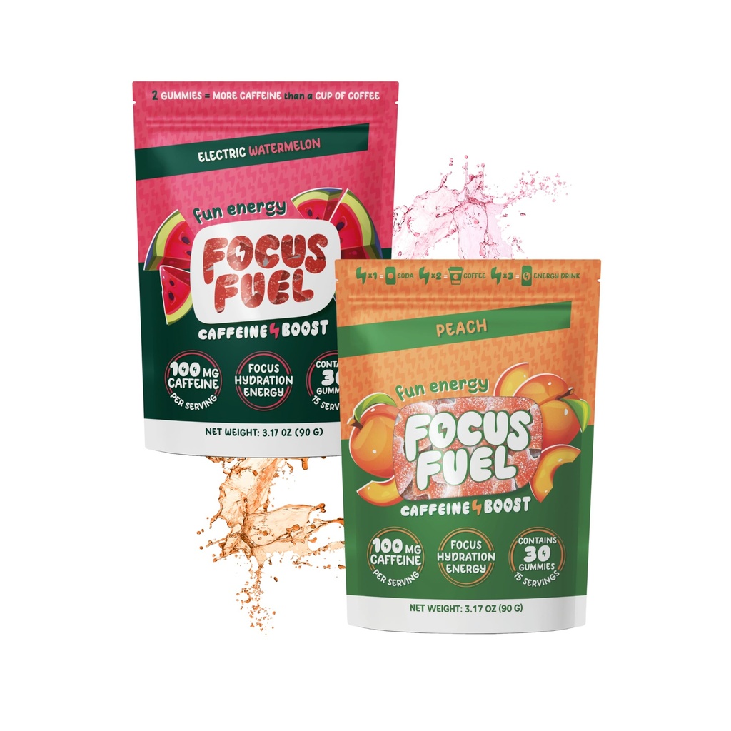 FocusFuel Energy Chews Variety Pack – Peach & Watermelon (2-Pack, 30 Servings Total) – 100mg Natural Caffeine + Nootropics – Juicy Energy with No Crash