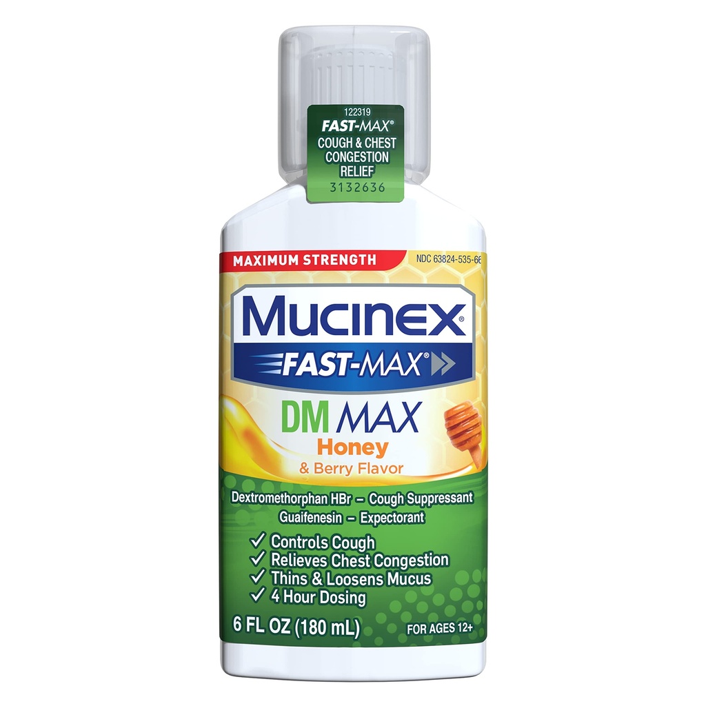 Mucinex μέγιστη μέγιστη αντοχή DM MAX, Symptom Relief, Suppressant Βήχας και προσδοκώμενη, Μέλι & Berry Flavor, 6 FL OZ