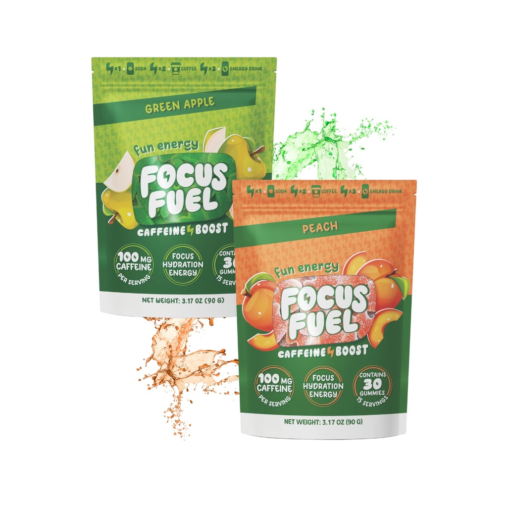 FocusFuel Energy Chews Variety Pack – Peach & Green Apple (2-Pack, 30 Servings Total) – 100mg Natural Caffeine + Nootropics – Crisp, Sweet Energy Combo