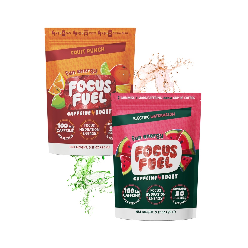 FocusFuel Energy Chews Variety Pack – Watermelon & Fruit Punch (2-Pack, 30 Servings Total) – 100mg Natural Caffeine + Nootropics – Juicy, Balanced Energy