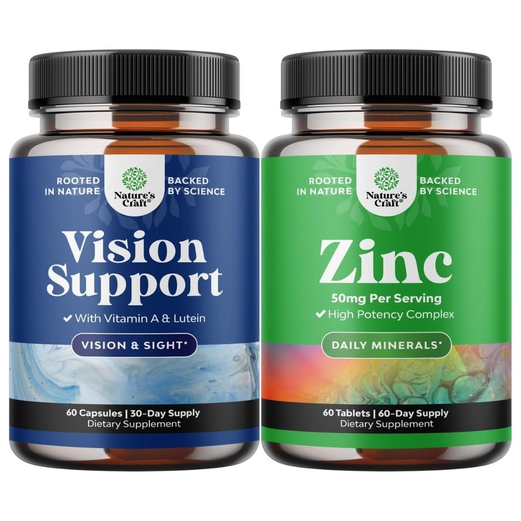 Bundle of Eye Health Supplement for Adults - Lutein 20mg Per Serving for Vision Dry Eyes and Blue Light Protection with Beta Carotene and Zinc 50mg Immune Support to Enhance Hair Skin and Nails