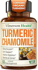 Turmeric Supplement & Chamomile Capsules for Sleep - Organic Turmeric Sleep Supplement with Chamomile Flowers Extract (Manzanilla) - Relaxation & Stress Support - Joint & Digestive Health. 60 Capsules