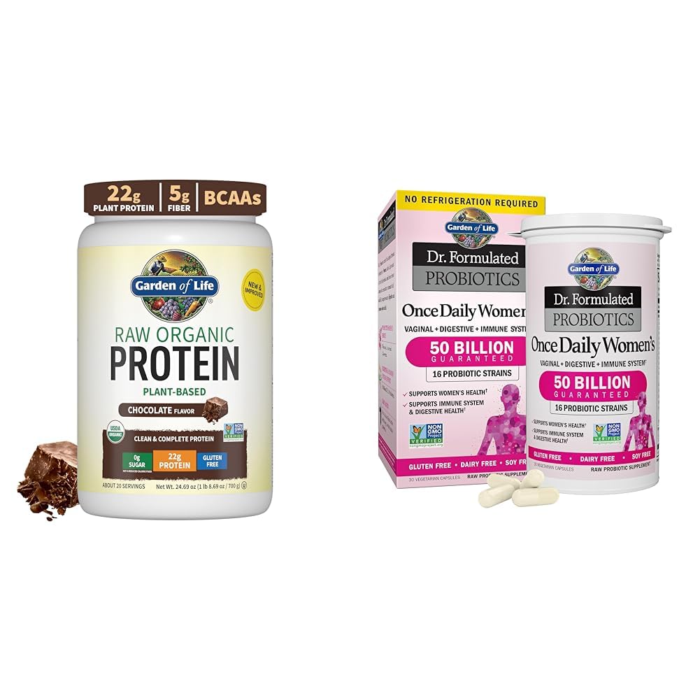 Garden of Life Vegan Protein Powder - 22g Raw Plant Protein, BCAAs, Probiotics & Digestive Enzymes & Dr. Formulated Women's Probiotics Once Daily, 16 Strains, 50 Billion, 30 Count