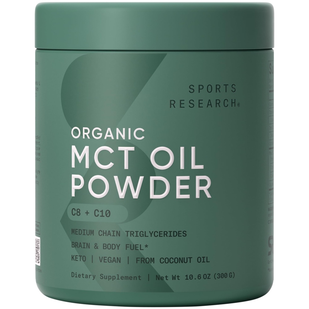 Sports Research Organic MCT Oil Powder - Keto & Vegan MCTs C8, C10 from Coconuts - Fatty Acid Brain & Body Fuel*, Non-GMO & Gluten Free - Unflavored, Perfect in Coffee, Tea & Protein Shakes - 10.6 oz