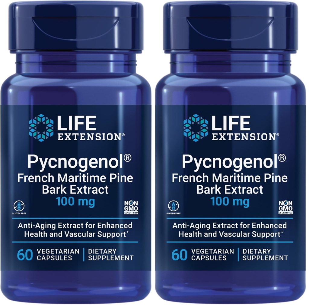 Life Extension Pycnogenol – French Maritime Pine Bark Extract – Scientifically Studied Healthy Aging & Vascular Health Supplement-– Non-GMO,Gluten-Free,Vegetarian-– 60 Capsules,(Pack of 2)