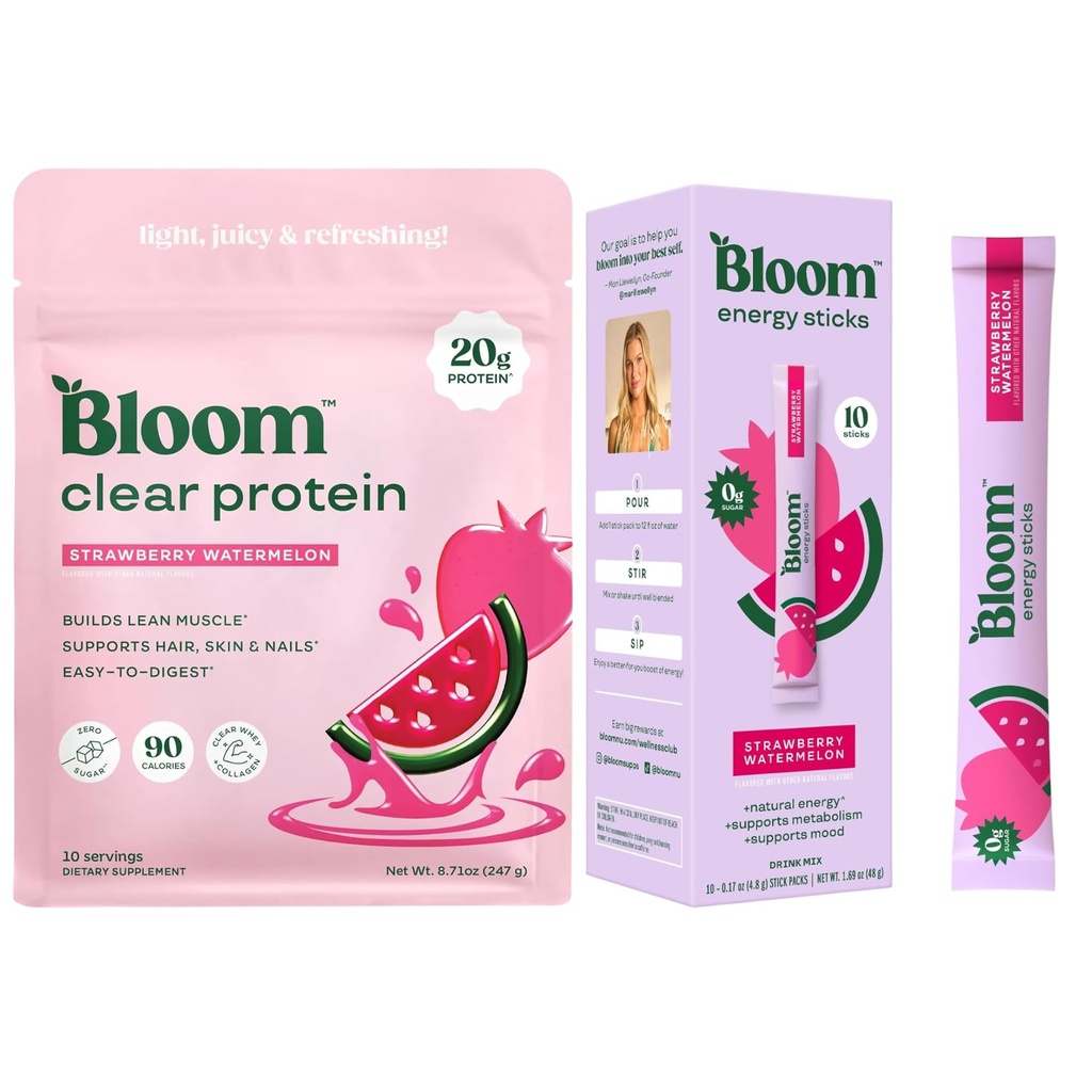 Bloom Strawberry Watermelon Clear Protein and Strawberry Watermelon Energy Packets Bundle
