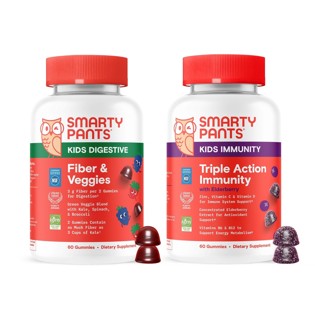 SmartyPants Kids Digestive & Immune Support Bundle: Fiber & Veggies + Elderberry Gummies with Prebiotic Fiber, Vitamins C, D3, B12 & Zinc – Gluten Free, Non-GMO, 60 Count Each (Pack of 2)