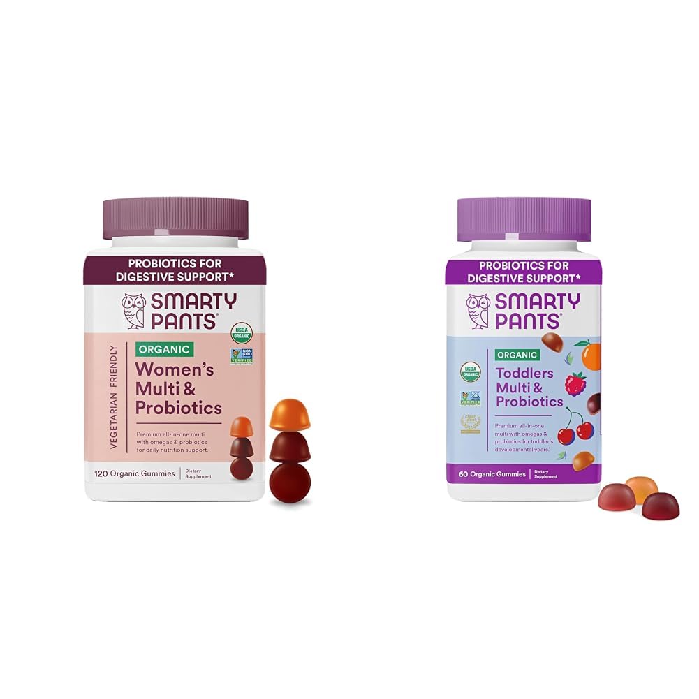SmartyPants Organic Women's and Toddler Multivitamin Gummies with Probiotics, Omega 3, Vitamins D3, B12, C, A, K, Zinc and More, Gluten Free, 120 and 60 Count