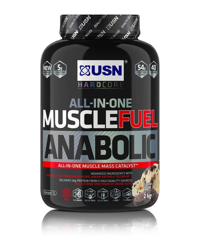 USN Muscle Fuel Anabolic All-in-One Muscle Builder Protein Shake, with Creatine and Whey Protein Cookies and Cream 2 kg