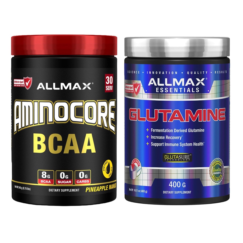 ALLMAX Aminocore + L-Glutamine Stack – BCAA, EAA, & Glutamine Supplement – Intra Workout Hydration & Post Workout Recovery Support