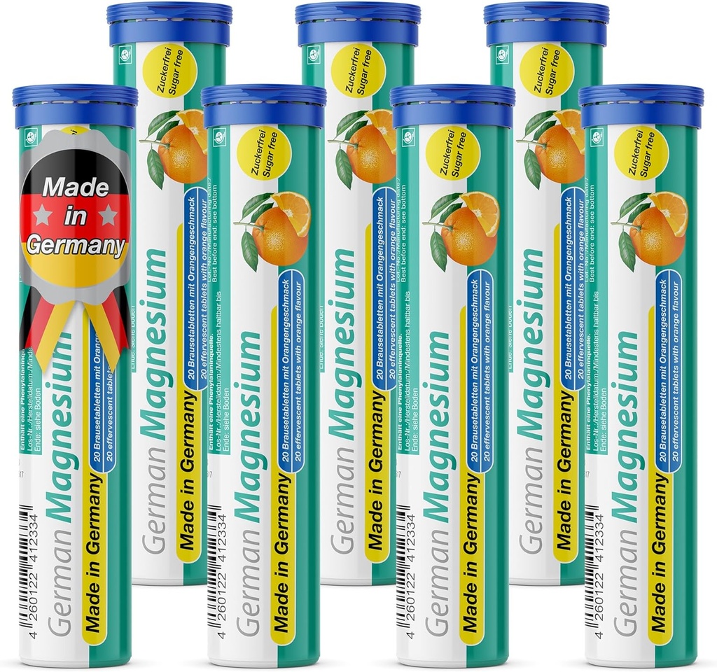 German Magnesium Oxide Supplement | Effervescent Tablets | Orange Flavor – 200 mg Magnesium per Serving | Sugar Free, Vegan – T&D Pharma – Made in Germany
