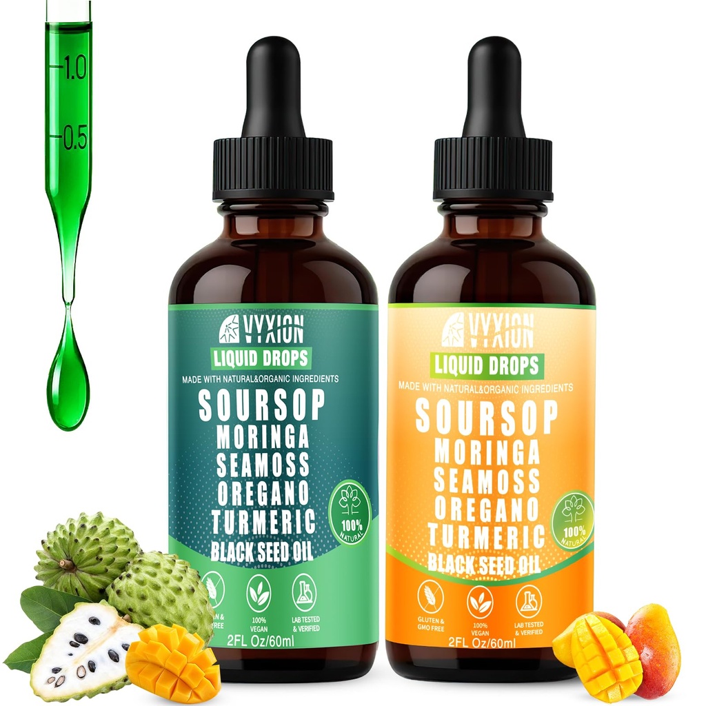 Soursop Bitters Liquid Drops 10 in 1 with Sea Moss, Ashwagandha | Original & Tropical Mango Flavor Combo | 2-Pack (2 Fl Oz Each) | Herbal Extracts for Overall Health | Vegan, Non-GMO, Gluten-Free