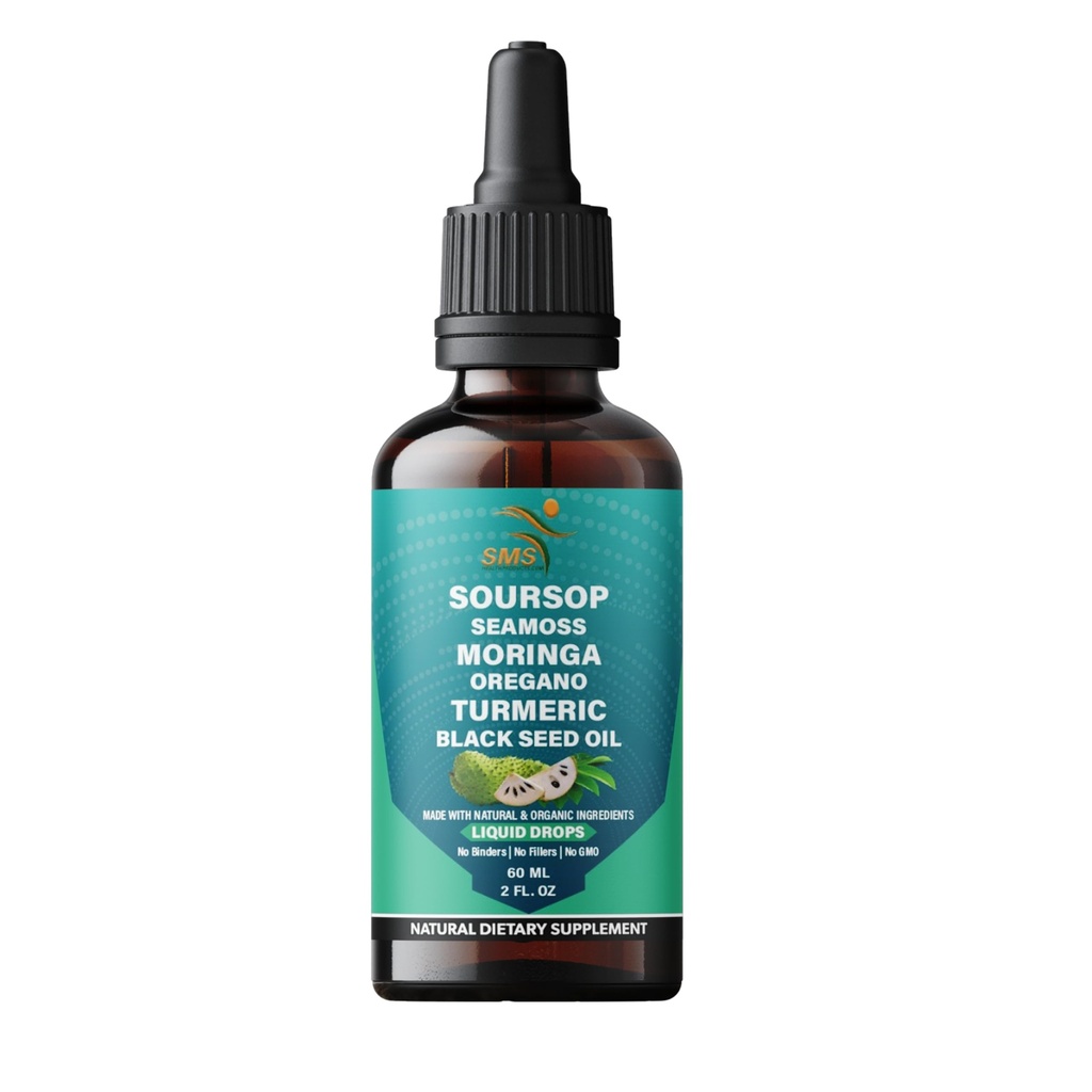 Soursop Bitters Liquid Drops 20-in-1 with Sea Moss, Moringa, Turmeric, Black Seed Oil, Oregano & Ashwagandha | Herbal Extract Blend | Vegan, Non-GMO | 2 Fl Oz