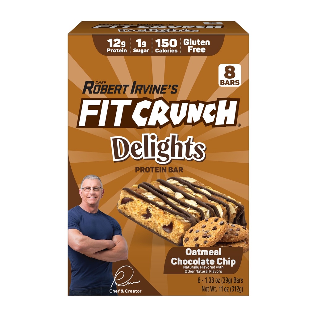 FITCRUNCH Delights Protein Bar, 12g of Protein & 1g of Sugar (8 Bars, Oatmeal Chocolate Chip)