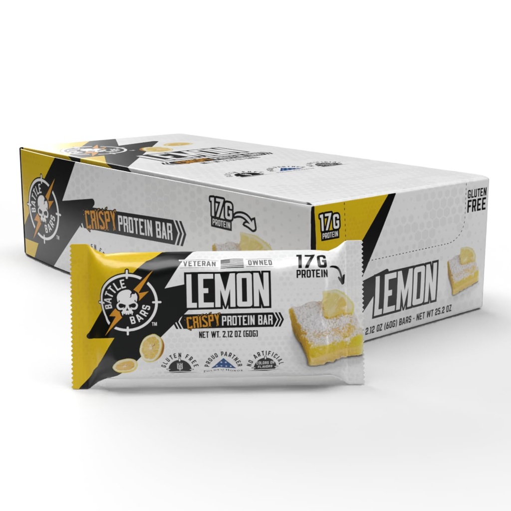 Battle Bars Crispy Protein Bar, 17g Protein per serving - Gluten Free, No Artificial Flavors or Colors - Verteran Owned - Lemon Almond (60g) 12 Count