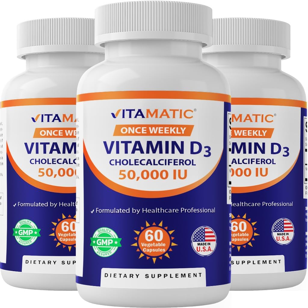 Vitamatic 3 Pack Βιταμίνη D3 50.000 IU (ως Cholecalciferol), Μία Εβδομαδιαία Δόση, 1250 mcg, 60 κάψουλες Veggie 1 έτος προσφοράς, Προοδευτική Φόρμουλα Βοηθώντας Ανεπάρκειες Βιταμίνης D
