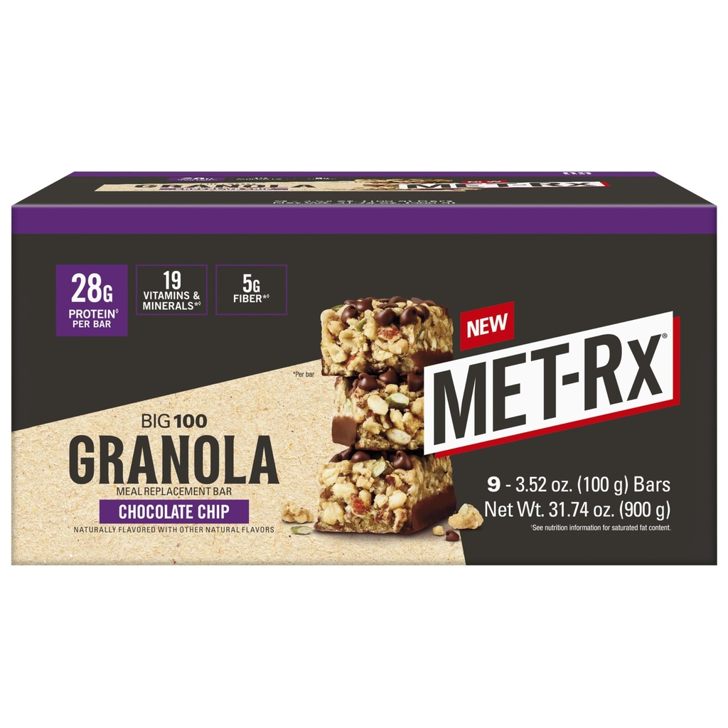 MET-Rx Big 100 Granola Protein Bar, Meal Replacement Bar, 28 G Protein, Chocolate Chip, Pack of 9