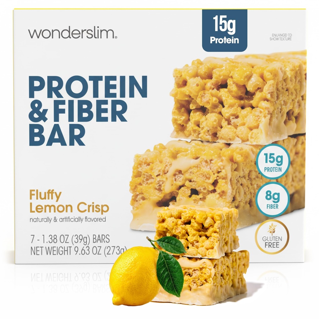 Wonderslim High Fiber Protein Bars, Fluffy Lemon Crisp | 15g Protein, 8g Fiber | Low Sugar, Low Carb | Healthy Indulgence | Satisfying, Supports Energy & On-the-Go Convenience, 7 Pack