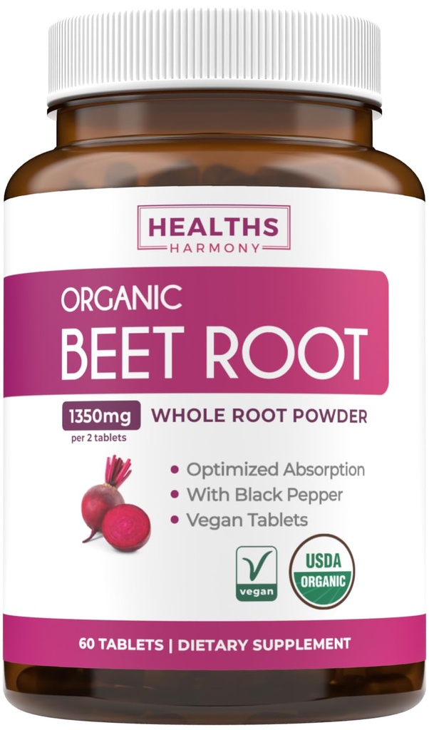 USDA Organic Beet Root Powder (60 Tablets) 1350mg Μπιζέλια ανά Σερβίρισμα με Μαύρο Πιπέρι για Επιπλέον Απορρόφηση - Super Antioxidant και Nitrate Supplement for Athletic Performance and Stamina - Χωρίς κάψουλες