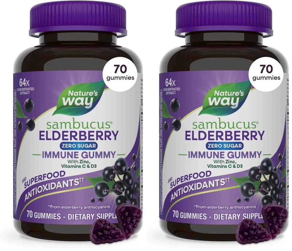 Nature's Way Sambucus Zero Sugar Immune Gummies,Daily Immune Support*,Black Elderberry Extract,Vitamin C,Vitamin D3,Zinc,Sugar Free,Sugar-Alcohol Free,Plant-Based Sweeteners,70 Gummies,(Pack of 2)