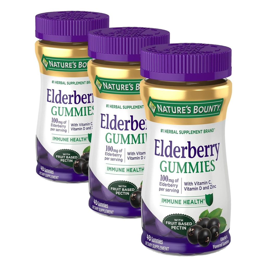 Nature's Bounty Elderberry Gummies,Immune Support,Contains Vitamin A,C,D,E and Zinc,40 Gummies,(Pack of 3)