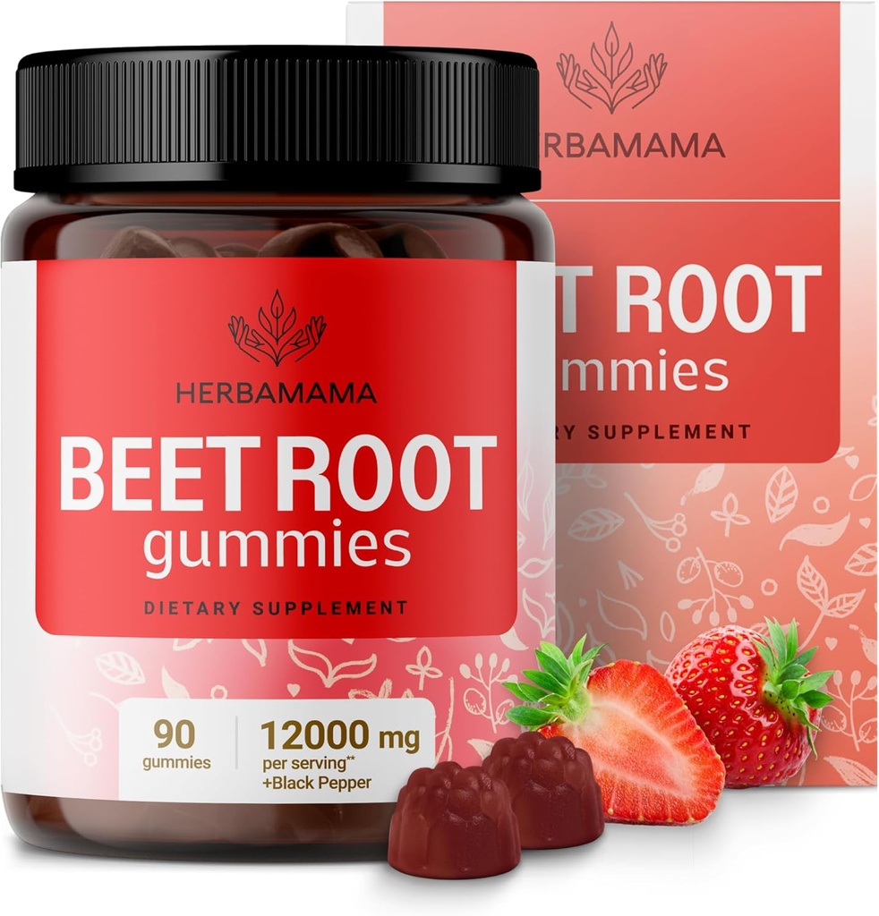 HERBAMAMA Beet Root Gummies - 12000mg Red Beets με εκχύλισμα μαύρου πιπεριού για τη συνολική υποστήριξη - Vegan, συμπλήρωμα αντιοξειδωτικών μη GMO - 90 Pectin-based Strawberry-Flavored Chews