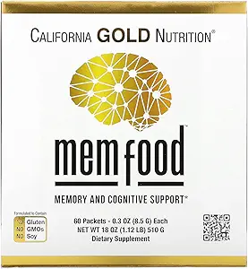 California Gold Nutrition MEM Food, Memory & Cognitive Support with MEM Blend, L-Serine, Organic Lion's Mane and Blueberry Juice Powder, 60 Packets, 0.3 oz (8.5 g) Each