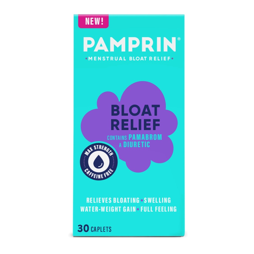 Pamprin Bloat Relief, Caffeine-Free Bloating Relief for Women Before & During Periods, 30 Count