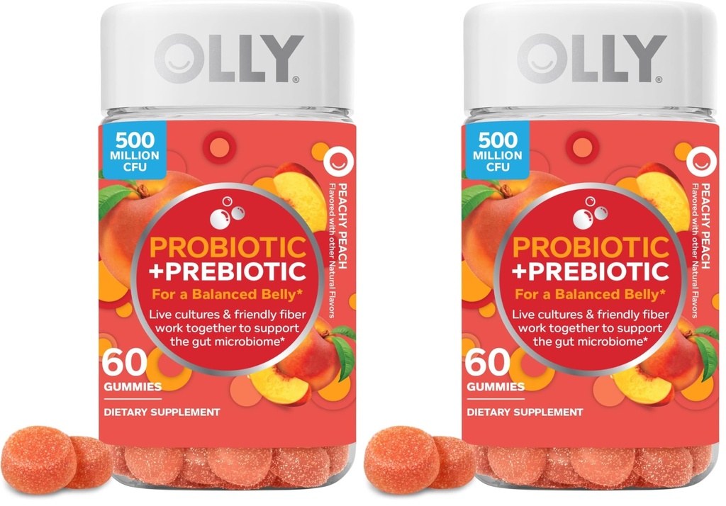 OLLY Probiotic + Prebiotic Gummy,Digestive Support and Gut Health,500 Million CFUs,Fiber,Adult Chewable Supplement for Men and Women,Peach,60 Day Supply -,60 Count (Pack of 2)